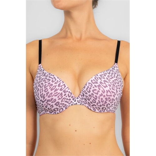 Odel Pink Color Leopard Print Padded Wired Plunge Bra