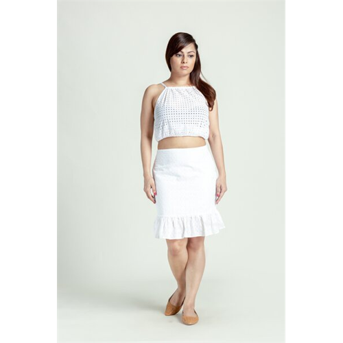 AYVEE White Frill Hem Broidery Skirt