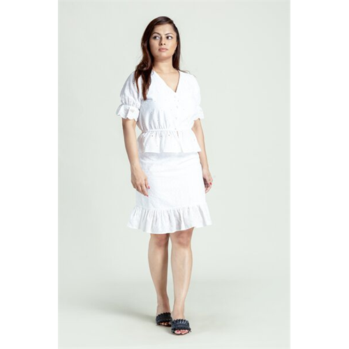 AYVEE White V Neck Button Front Broidery Top