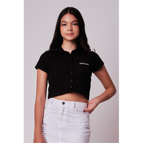 Biconic Black Crop Polo Tee With Embroidery