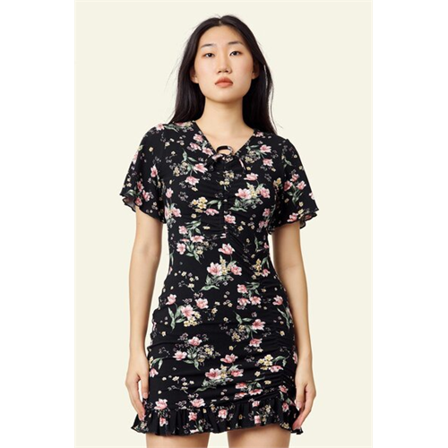 Biconic Black Floral Front Tie Up Dress