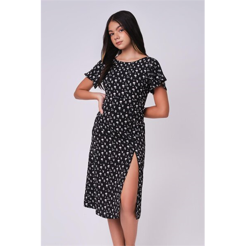 Biconic Black Floral Midi High Slit Dress