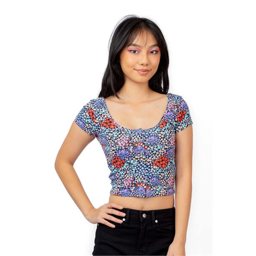 Biconic Black Floral Printed Cap Sleeve Buttoned Crop Tshirt