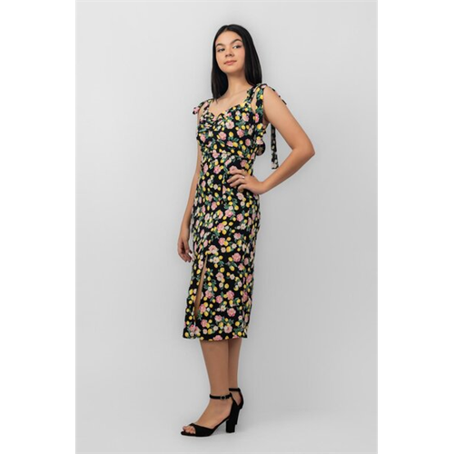 Biconic Black Floral Printed Strappy Tie Up Midi Dress