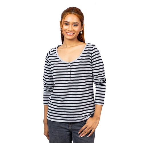 Biconic Black & Grey Striped Scoop Neck Long Sleeve Henley Tshirt