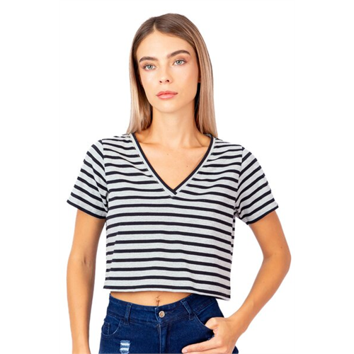 Biconic Black & Grey Stripes Deep V Neck Crop Tshirt