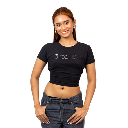 Biconic Black Logo Printed Back Open Tie Up Cropped Tshirt