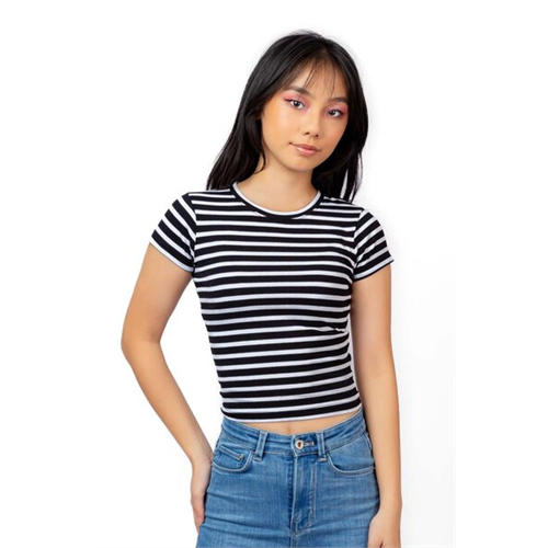 Biconic Black & White Stripe Contast Neck Crop Tshirt