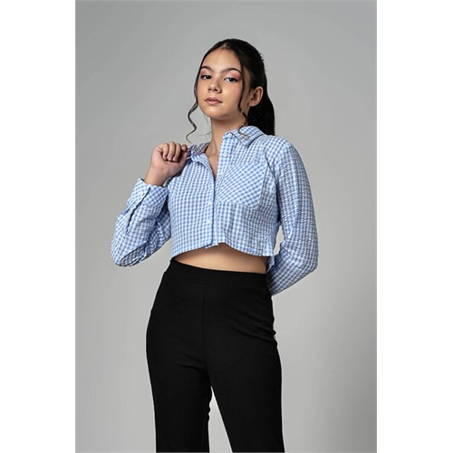 Biconic Blue Check Long Sleeve Crop Shirt