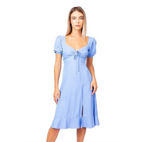 Biconic Blue Cowl Neck Off Shoulder Side Ruched Slit Dress