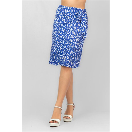 Biconic Blue Floral White Printed Side Tie Up Midi Skirt