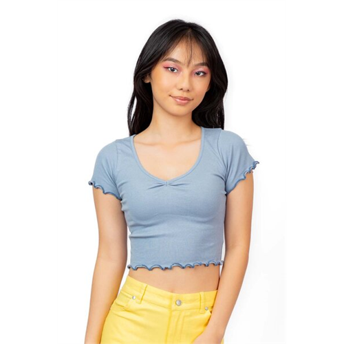 Biconic Blue Ruched Scoop Neck Lettuce Hem Tshirt