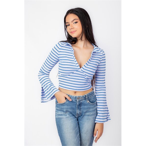 Biconic Blue Stripes V Neck Long Sleeve Crop Tshirt