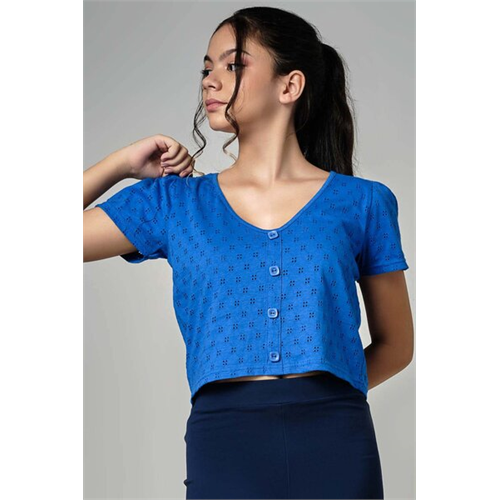 Biconic Blue V Neck Button Detailed Crop Top