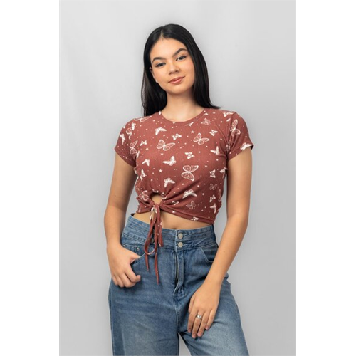 Biconic Brown Printed Short Sleeve Front Cut Out Tie Up Rib Cropped Tshirt