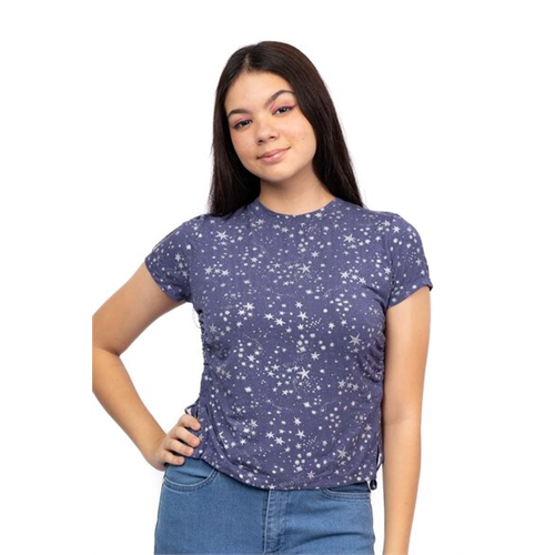 Biconic Dark Blue Printed Short Sleeve Side Ruching Tshirt