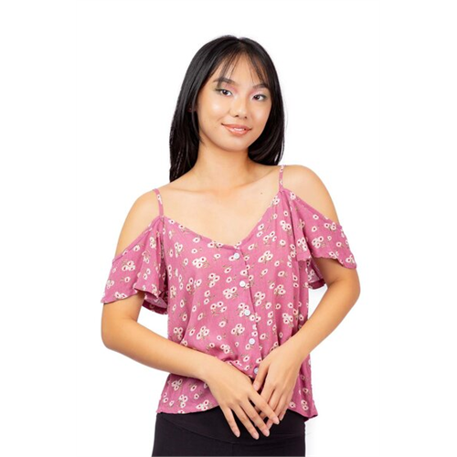 Biconic Dull Pink Flutter Sleeve Button Down V Neck Loose Top