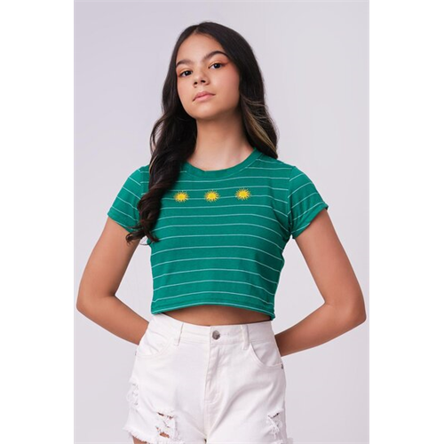 Biconic Green Cropped Striped Embroidery Tee