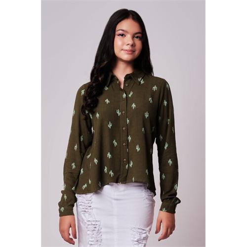 Biconic Green Long Sleeve Button Down Cactus Print Shirt