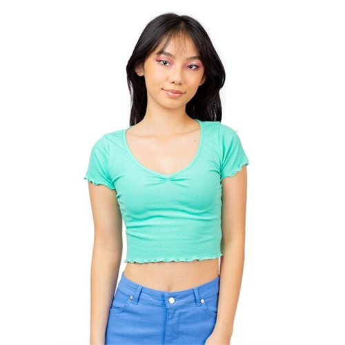 Biconic Green Ruched Scoop Neck Lettuce Hem Tshirt