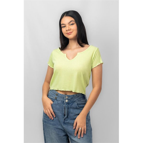 Biconic Green Short Sleeve Deep Neck Lettuce Hem Crop Tshirt