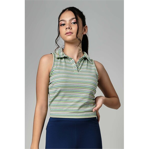 Biconic Green Stripe Sleeveless Polo Tee With Back Cutout Details