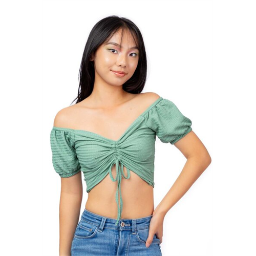 Biconic Green Velvet Puff Sleeve Ruched Top