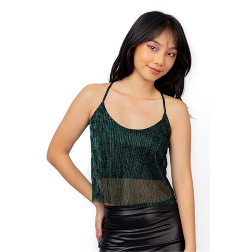 Biconic Green V Neck Strappy Pleated See Through Cami Top