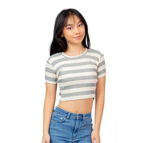 Biconic Grey & White Striped Back Cut Out Tie Up Rib Tshirt