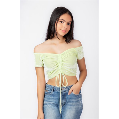 Biconic Light Green Velvet Off Shoulder Ruched Top