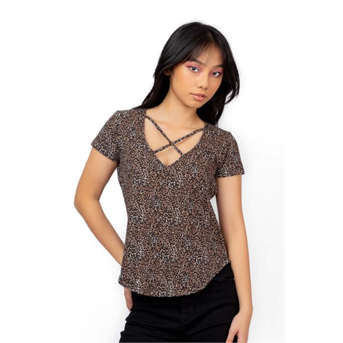 Biconic Multi Animal Printed Strappy V Neck Short Sleeve Tshirt