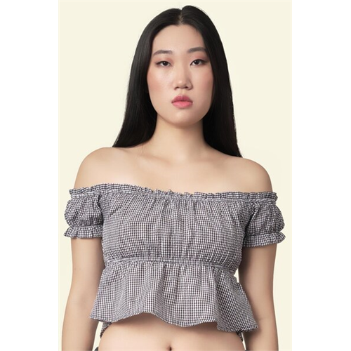 Biconic Navy Check Puff Sleeve Off Shoulder Top