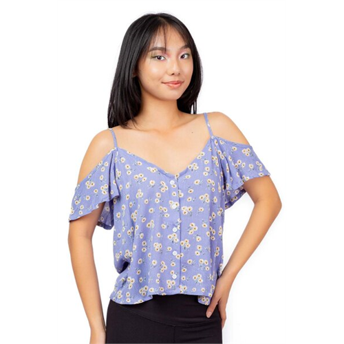 Biconic Navy Flora Flutter Sleeve Button Down V Neck Loose Top