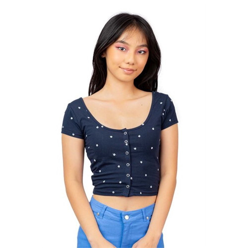 Biconic Navy Multi Floral Printed Cap Sleeve Crop Tshirt