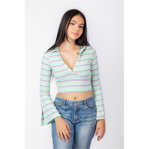 Biconic Olive Stripes V Neck Long Sleeve Crop Tshirt