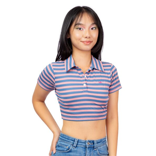 Biconic Peach & Blue Striped Short Sleeve Cropped Polo