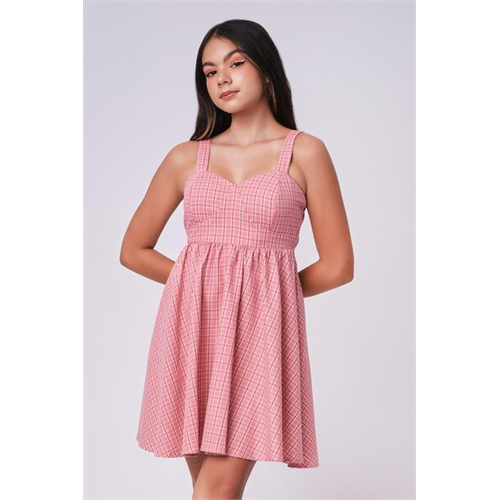 Biconic Pink Check Dress With Back Tie Up