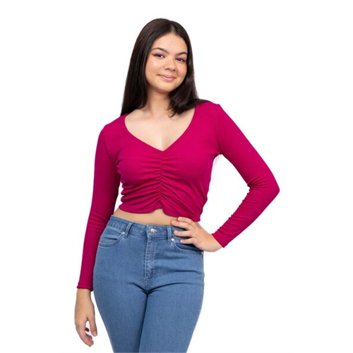 Biconic Pink Long Sleeve Deep Neck Front Ruched Rib Top