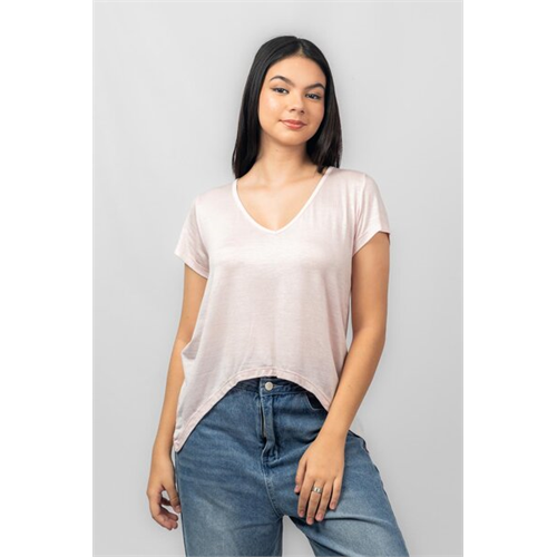 Biconic Pink Short Sleeve Deep V Neck Curved Hem Tshirt