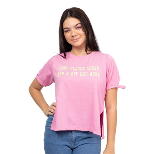 Biconic Pink Stay Classy Graphic Side Slit Oversized Tshirt