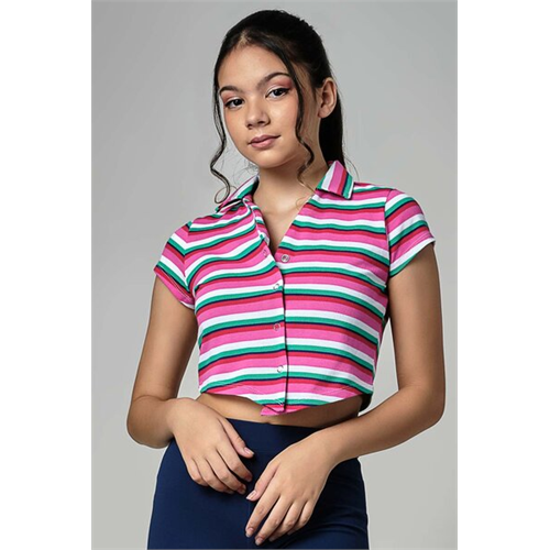 Biconic Pink Striped V Hem Crop Tee