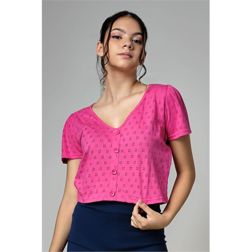 Biconic Pink V Neck Button Detailed Crop Top