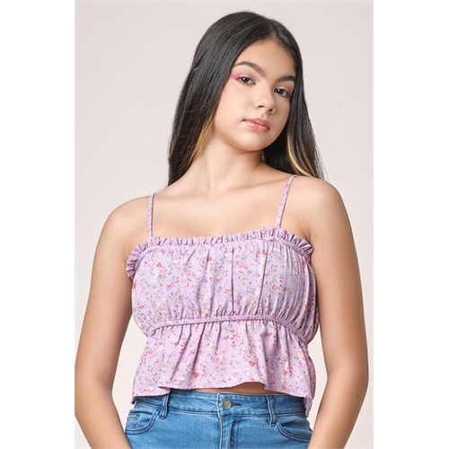 Biconic Purple Floral Front Gathered Ruffled Top