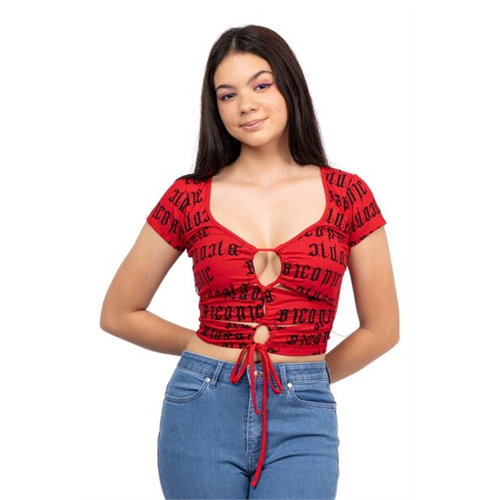 Biconic Red Biconic Printed Front Cut Out Tie Up Tshirt