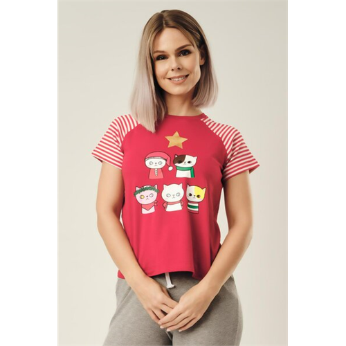 Biconic Red Crew Neck Christmas Kitty Graphic Tee