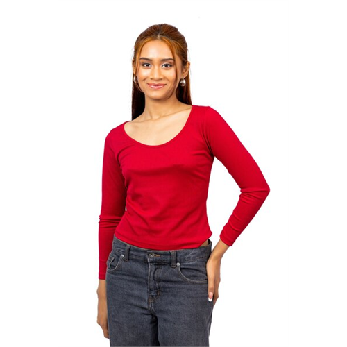 Biconic Red Long Sleeve Wide Neck Fitted Rib Top