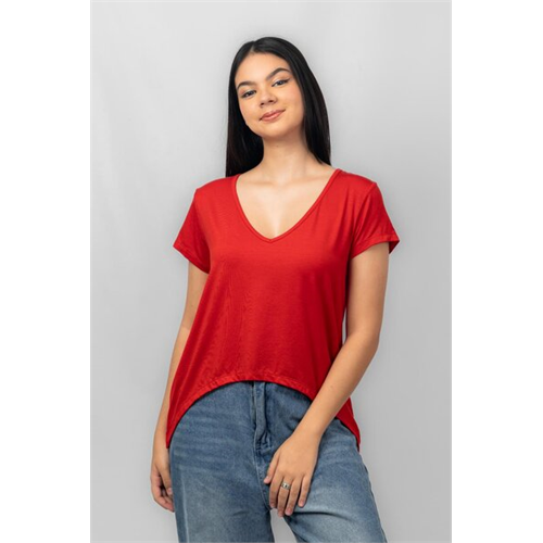 Biconic Red Short Sleeve Deep V Neck Curved Hem Tshirt