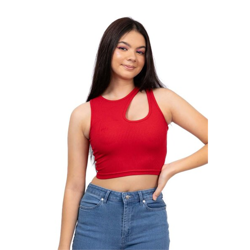 Biconic Red Shoulder Cut Out Cropped Tank Top