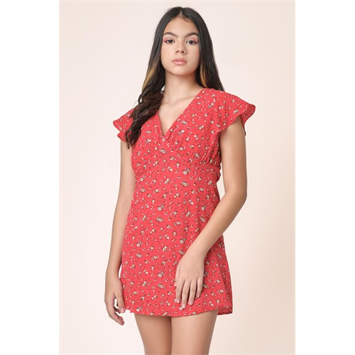 Biconic Red V Neck Floral Dress With Starppy Back Detail