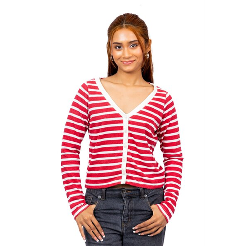 Biconic Red & White Striped Deep Neck Long Sleeve Buttoned Cardigan